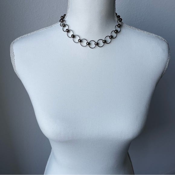 Silver Tone Stamped 925 16" Link Choker Necklace Circles & Silver Beads - Picture 10 of 10